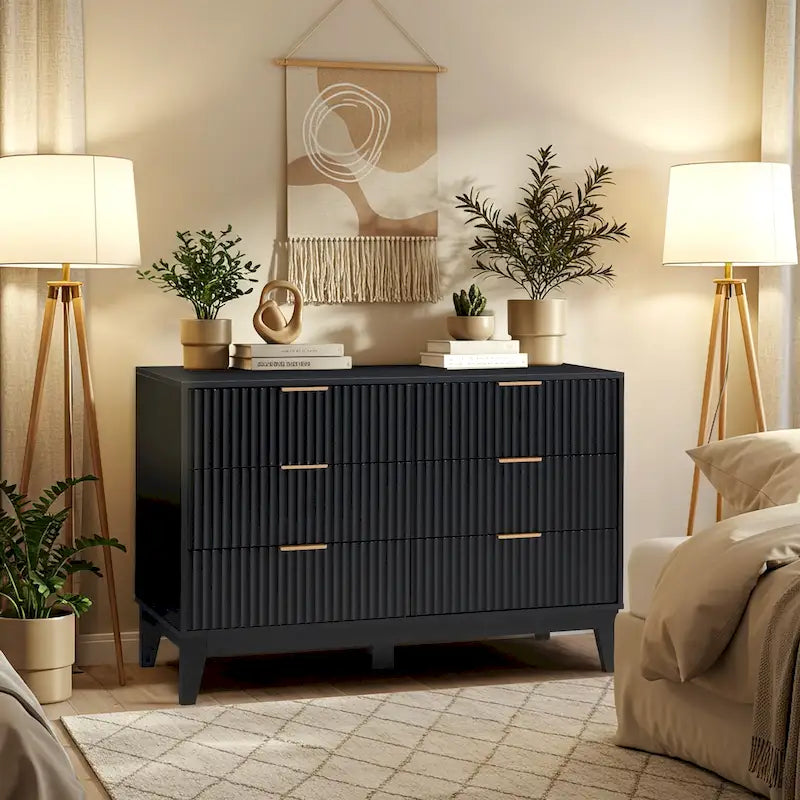 Fluted Dresser 6 Drawer Mid Century Modern Dresser Wide Chest of Drawers with Metal Handles for Bedroom Living Room