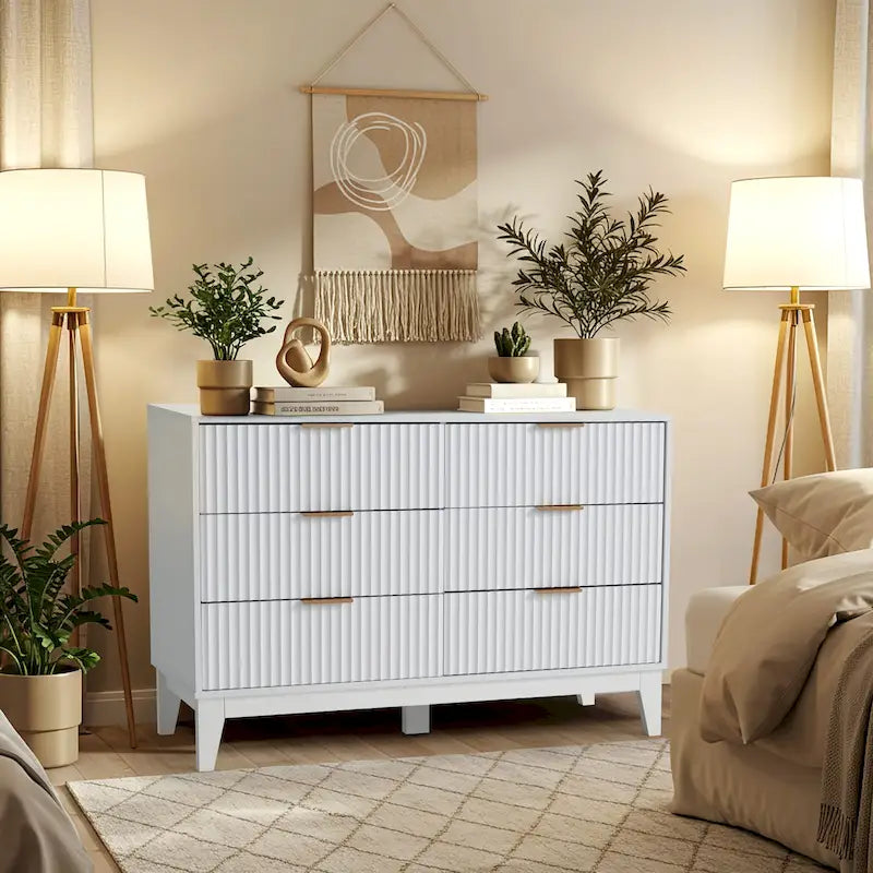Fluted Dresser 6 Drawer Mid Century Modern Dresser Wide Chest of Drawers with Metal Handles for Bedroom Living Room