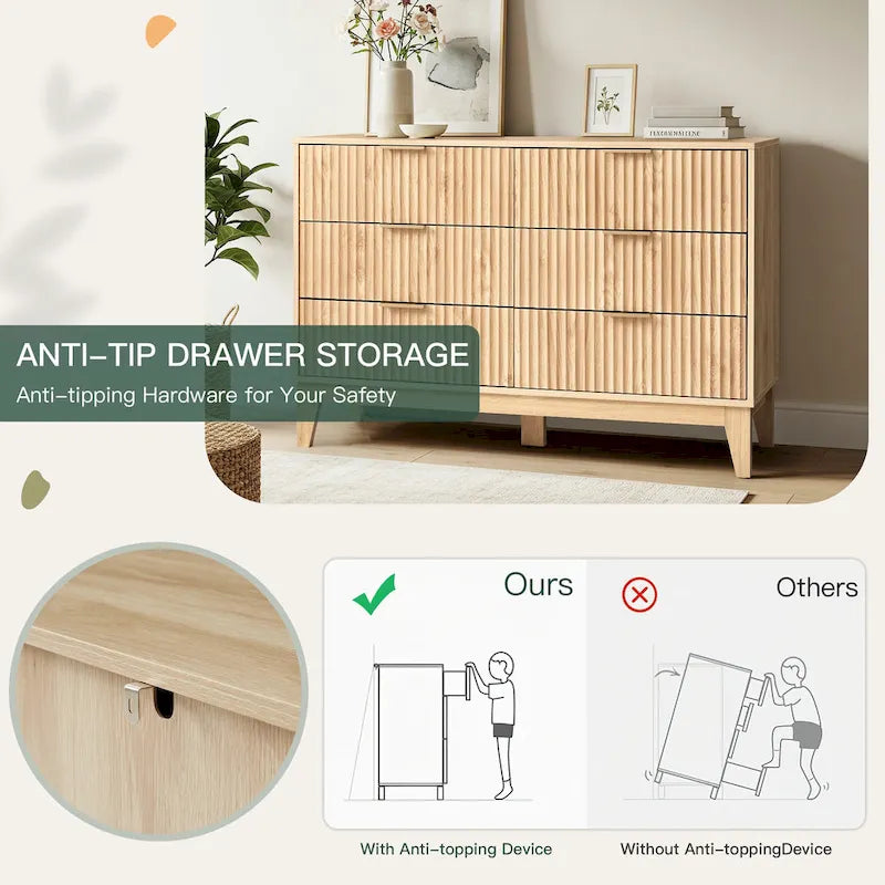 Fluted Dresser 6 Drawer Mid Century Modern Dresser Wide Chest of Drawers with Metal Handles for Bedroom Living Room
