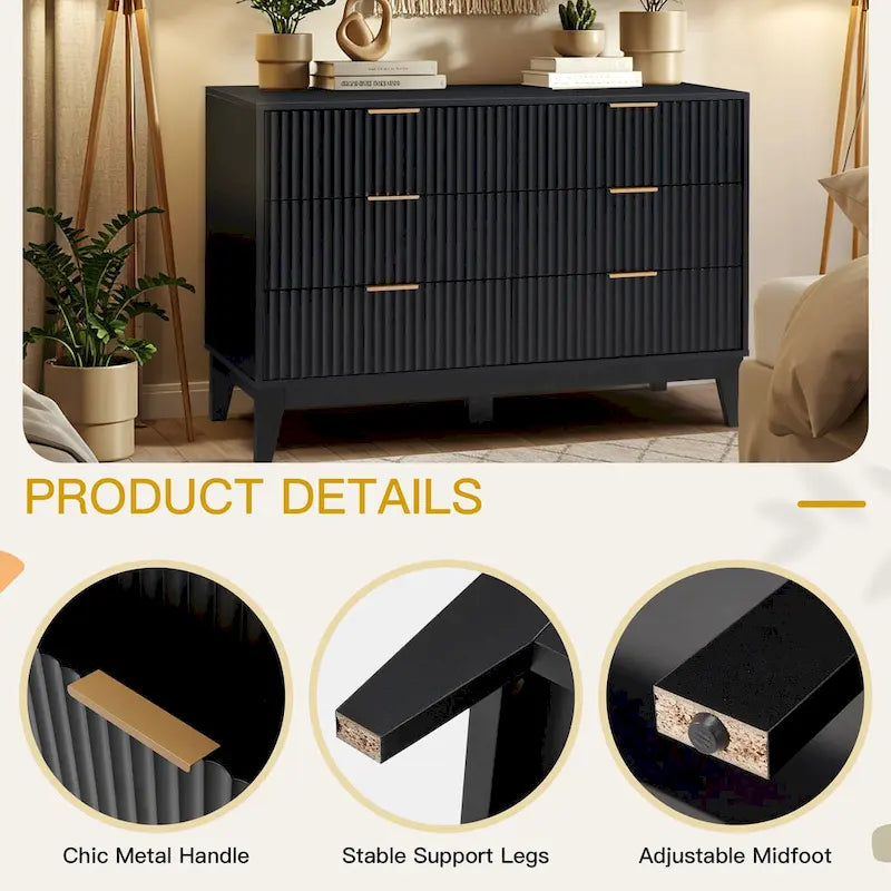Fluted Dresser 6 Drawer Mid Century Modern Dresser Wide Chest of Drawers with Metal Handles for Bedroom Living Room