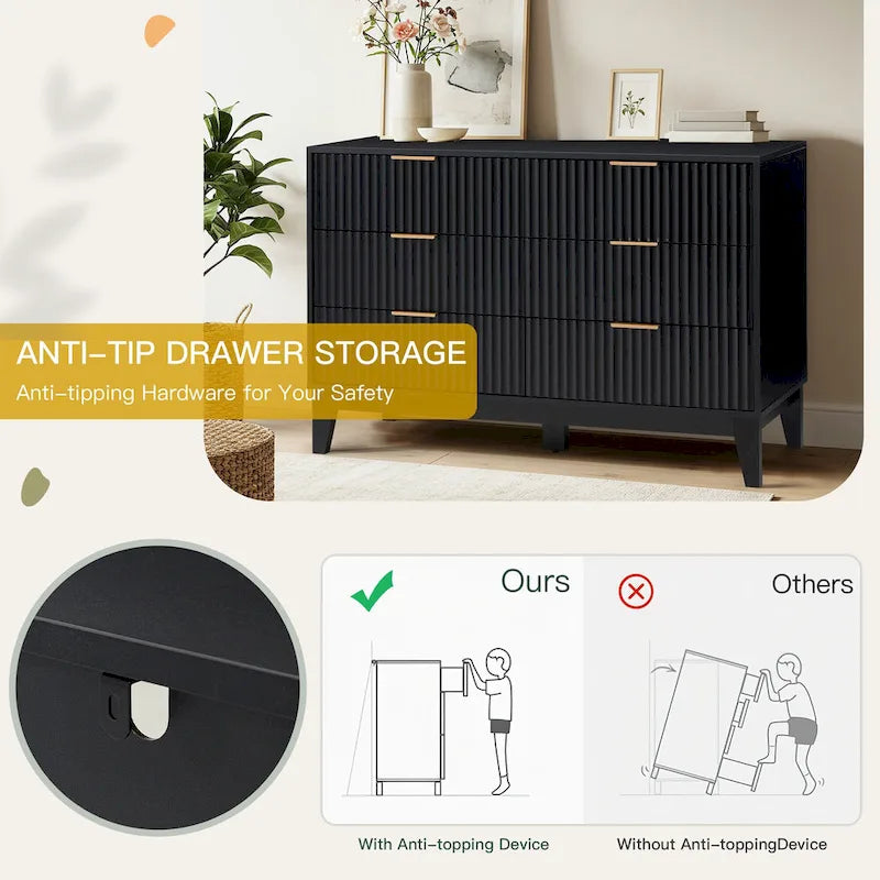 Fluted Dresser 6 Drawer Mid Century Modern Dresser Wide Chest of Drawers with Metal Handles for Bedroom Living Room