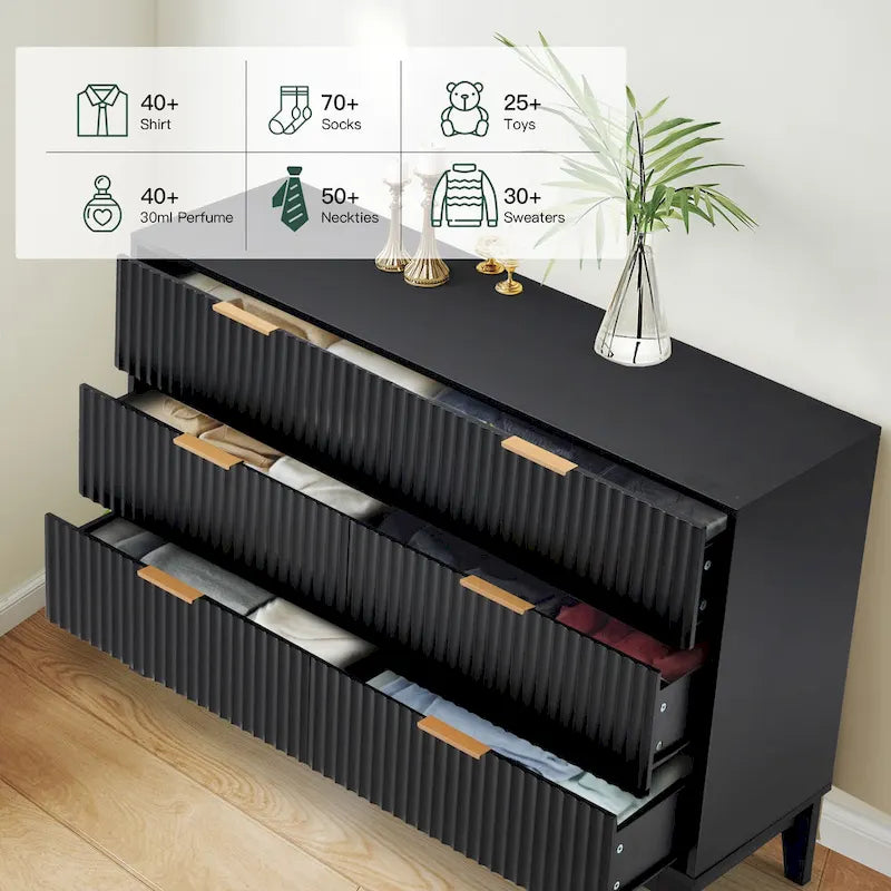 Fluted Dresser 6 Drawer Mid Century Modern Dresser Wide Chest of Drawers with Metal Handles for Bedroom Living Room
