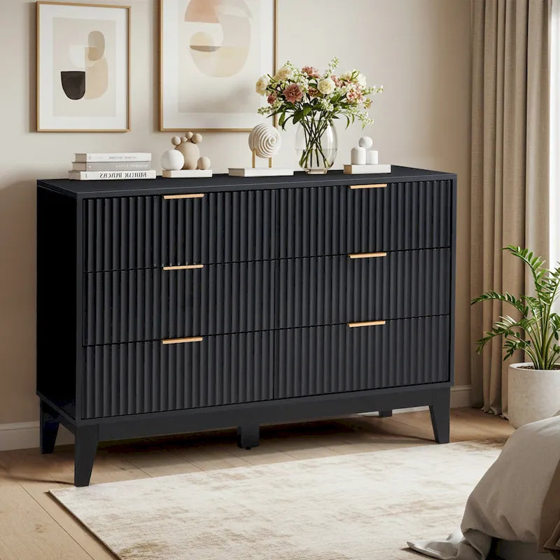Fluted Dresser 6 Drawer Mid Century Modern Dresser Wide Chest of Drawers with Metal Handles for Bedroom Living Room