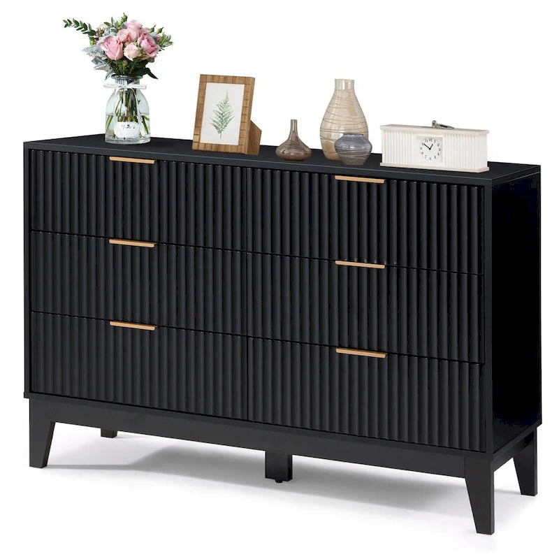 Fluted Dresser 6 Drawer Mid Century Modern Dresser Wide Chest of Drawers with Metal Handles for Bedroom Living Room