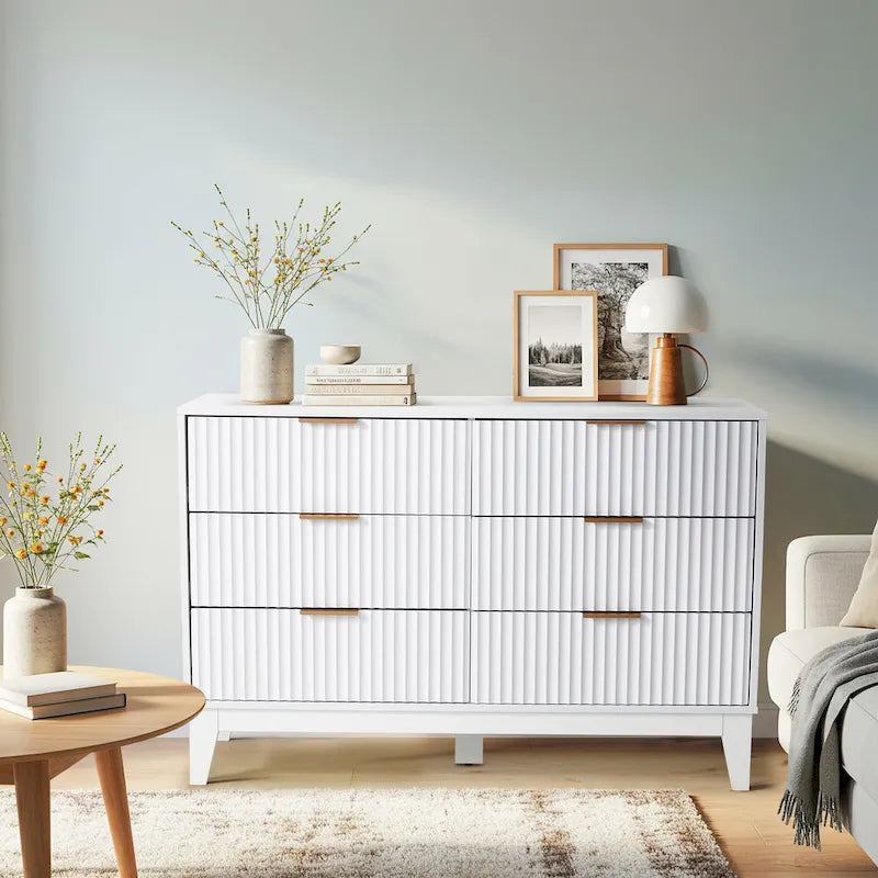 Fluted Dresser 6 Drawer Mid Century Modern Dresser Wide Chest of Drawers with Metal Handles for Bedroom Living Room