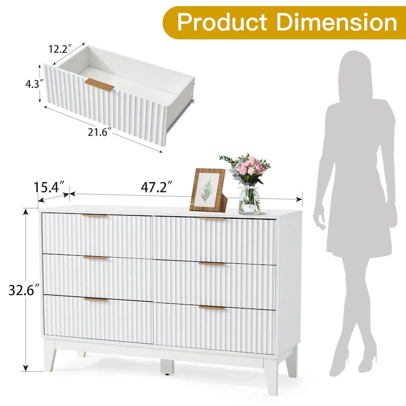 Fluted Dresser 6 Drawer Mid Century Modern Dresser Wide Chest of Drawers with Metal Handles for Bedroom Living Room
