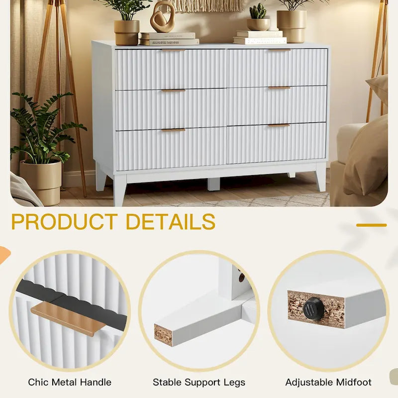 Fluted Dresser 6 Drawer Mid Century Modern Dresser Wide Chest of Drawers with Metal Handles for Bedroom Living Room