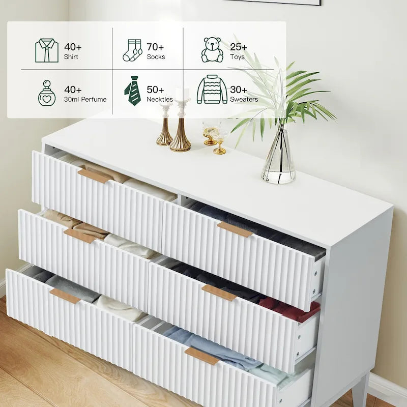 Fluted Dresser 6 Drawer Mid Century Modern Dresser Wide Chest of Drawers with Metal Handles for Bedroom Living Room