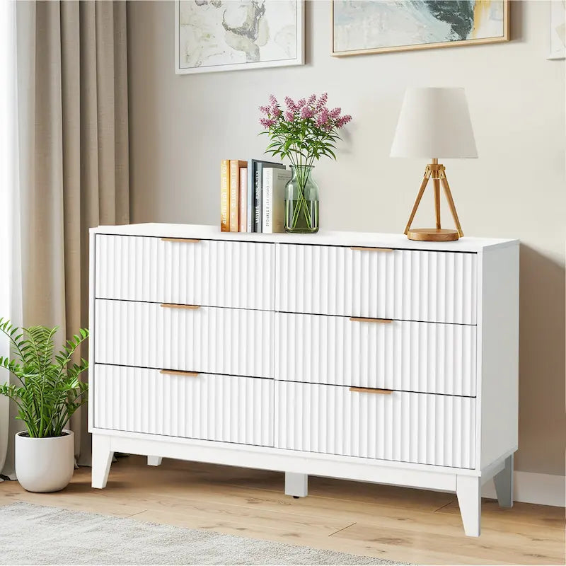 Fluted Dresser 6 Drawer Mid Century Modern Dresser Wide Chest of Drawers with Metal Handles for Bedroom Living Room