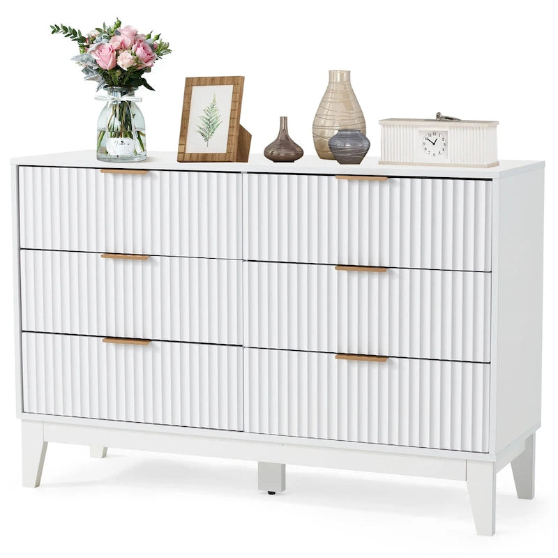 Fluted Dresser 6 Drawer Mid Century Modern Dresser Wide Chest of Drawers with Metal Handles for Bedroom Living Room