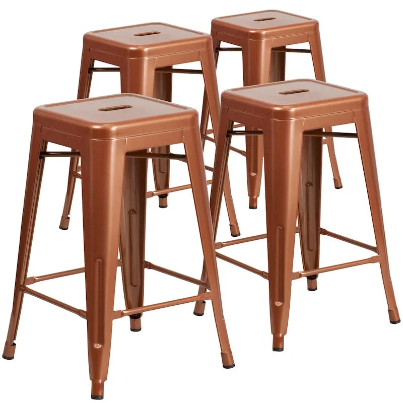 4 Pack 24H Backless Metal Indoor-Outdoor Counter Height Stool w/Square Seat