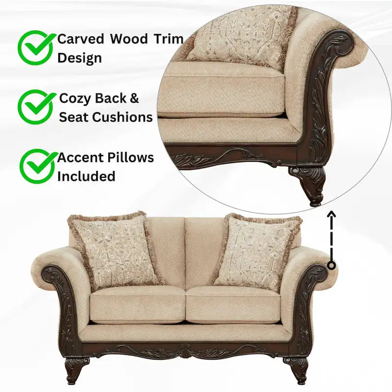 Carved Wood Frame Loveseat