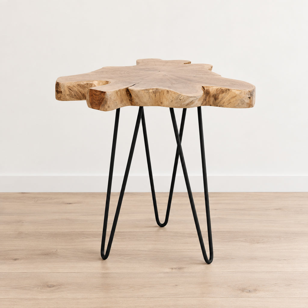 Natural Live-Edge Teak Wood Table With Iron Legs by