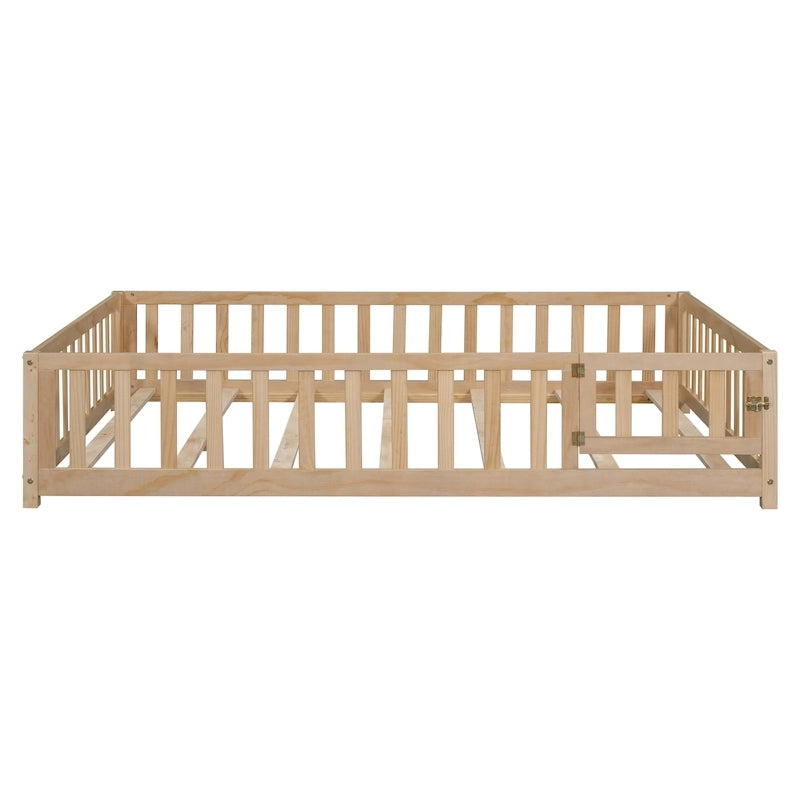 Full Size Wooden Floor Platform Bed with Fence and Door for Kids