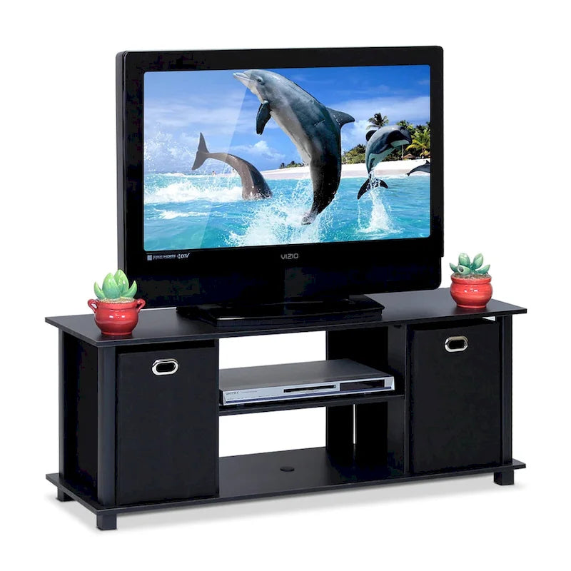 Black MDF Entertainment Center with Storage Bins