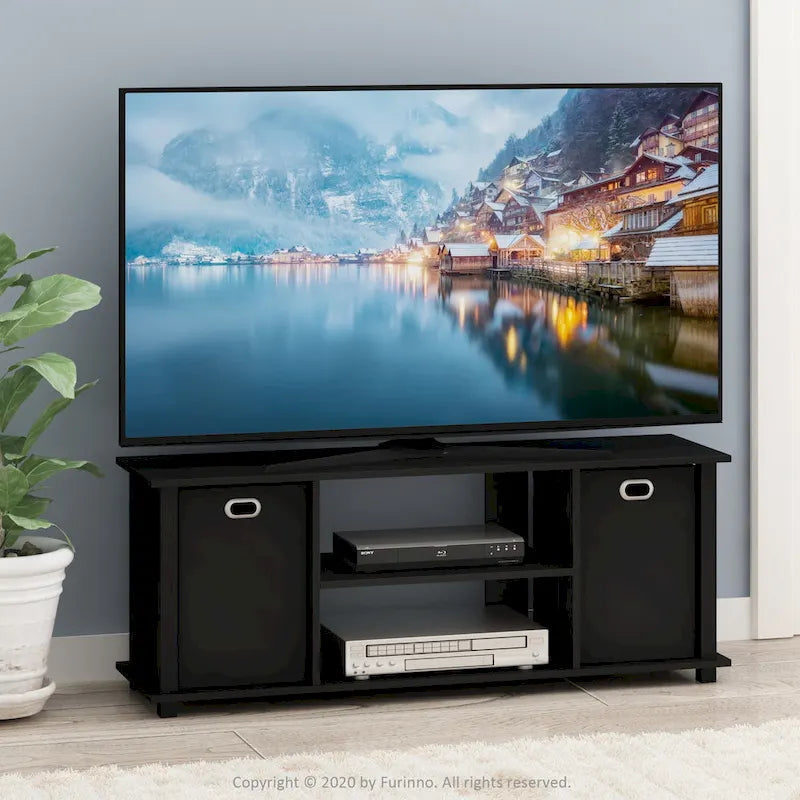 Black MDF Entertainment Center with Storage Bins