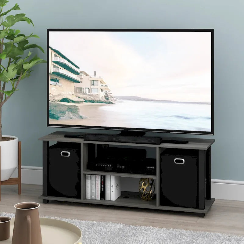 Black MDF Entertainment Center with Storage Bins