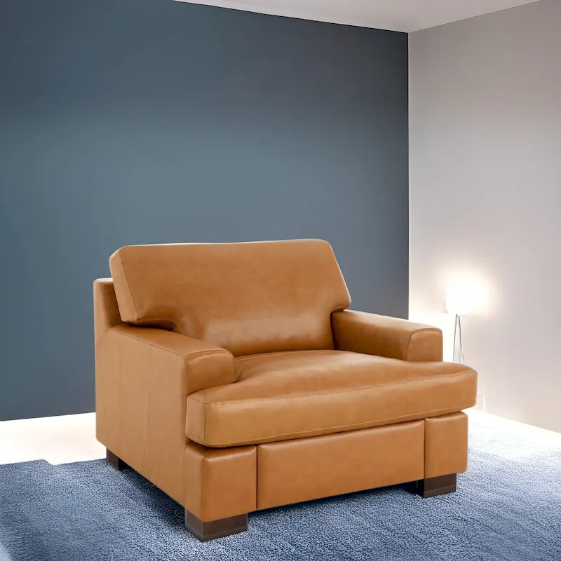 Genuine Leather Accent Chair - Luxurious Comfort Goose Feather Cushion Filling Square Arm Design Sturdy Block Legs