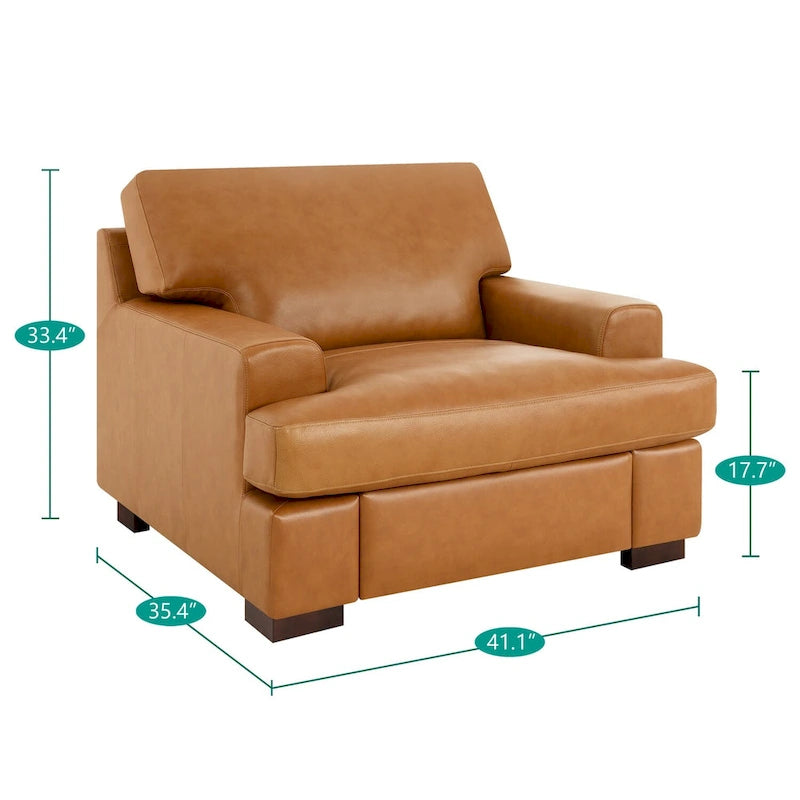 Genuine Leather Accent Chair - Luxurious Comfort Goose Feather Cushion Filling Square Arm Design Sturdy Block Legs