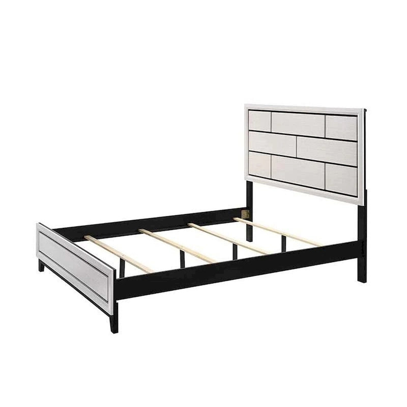 Queen Size Bed, Geometric Panel Headboard, Modern White Wood Finish