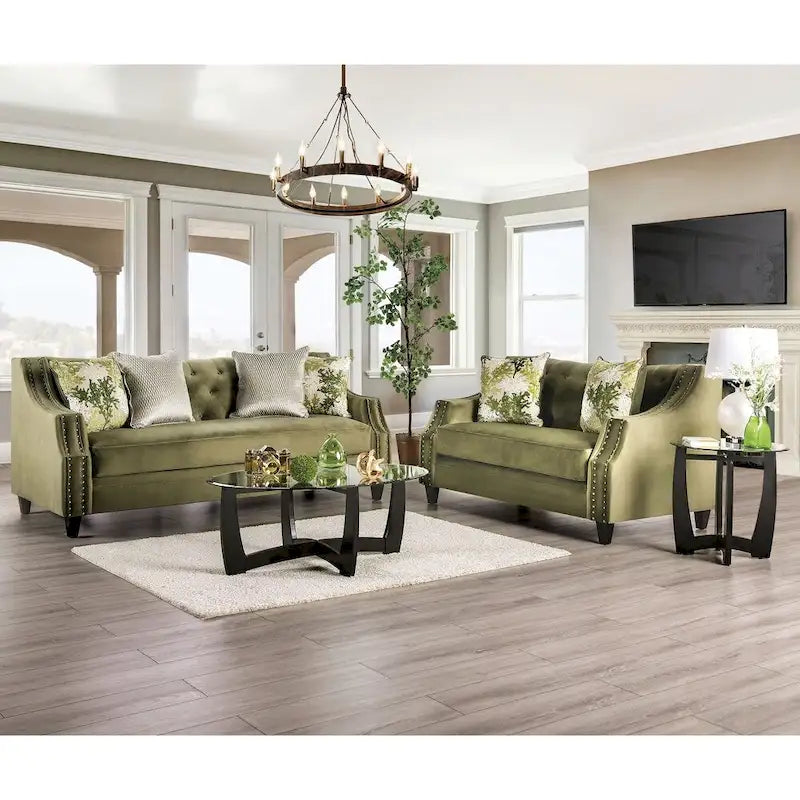 Transitional Green Solid Wood Padded Loveseat by