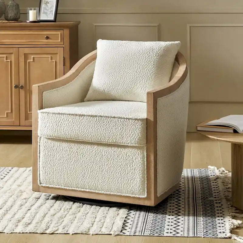 Solid Wood Edging Swivel Barrel Chair with Toss Pillows by