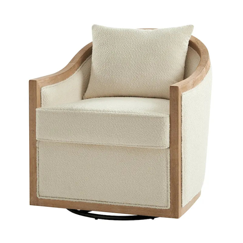 Solid Wood Edging Swivel Barrel Chair with Toss Pillows by