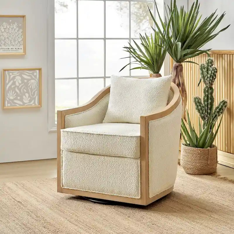 Solid Wood Edging Swivel Barrel Chair with Toss Pillows by