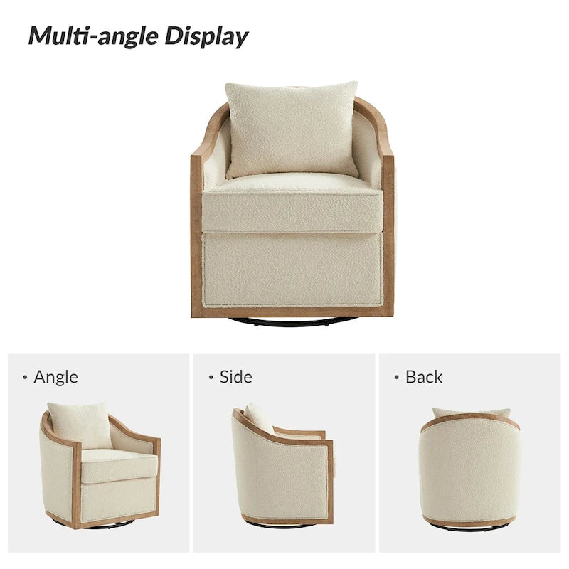 Solid Wood Edging Swivel Barrel Chair with Toss Pillows by