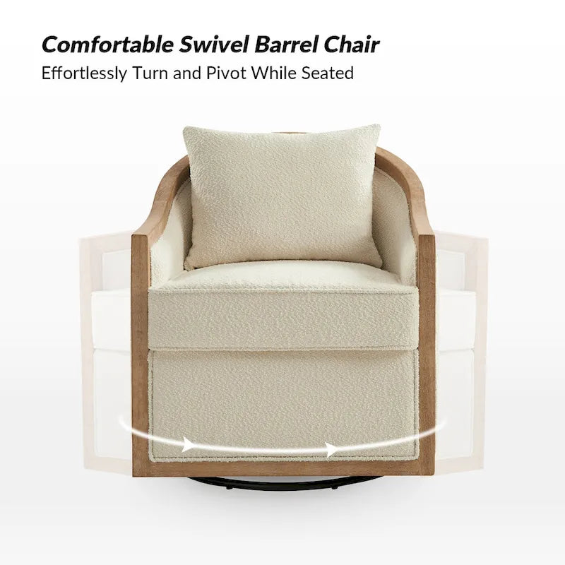 Solid Wood Edging Swivel Barrel Chair with Toss Pillows by