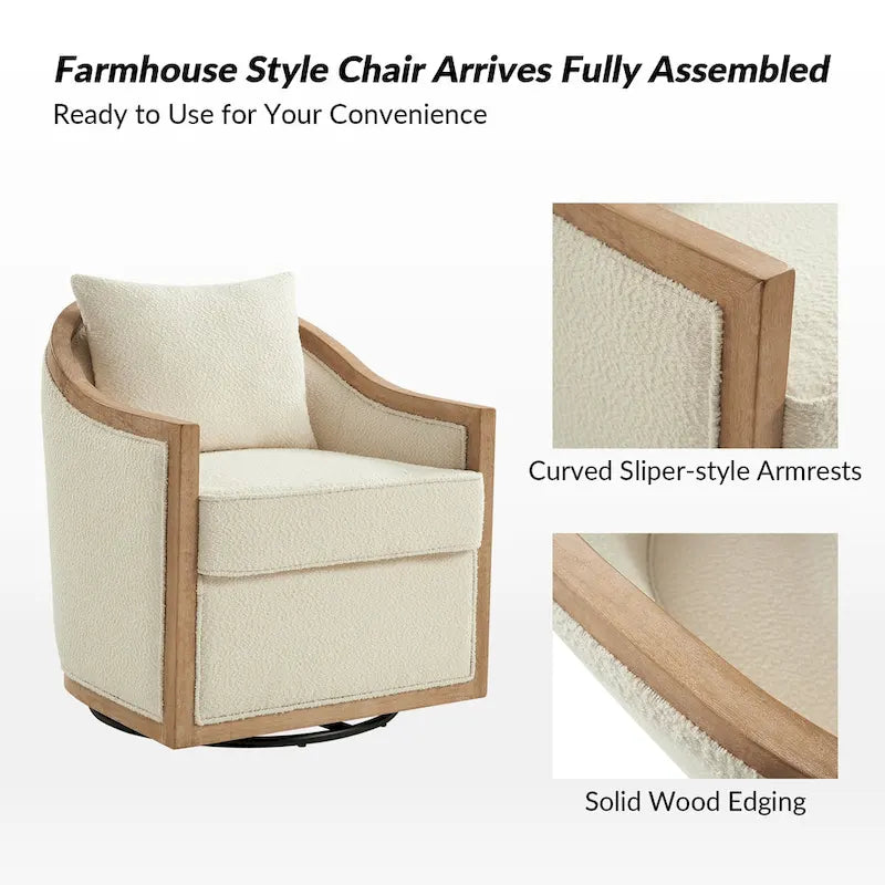 Solid Wood Edging Swivel Barrel Chair with Toss Pillows by