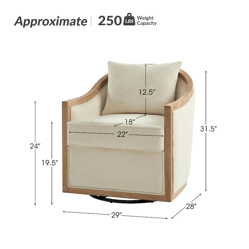 Solid Wood Edging Swivel Barrel Chair with Toss Pillows by