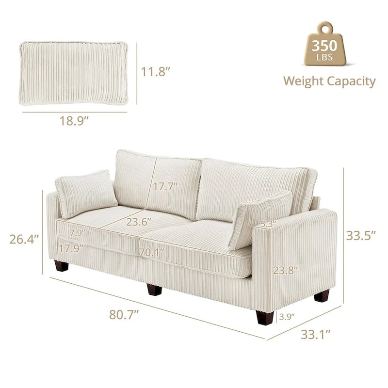 81 Modern Corduroy 3 Seater Sofa, Polyester Rectangle Upholstered Sofa with Wood Base for Living Room