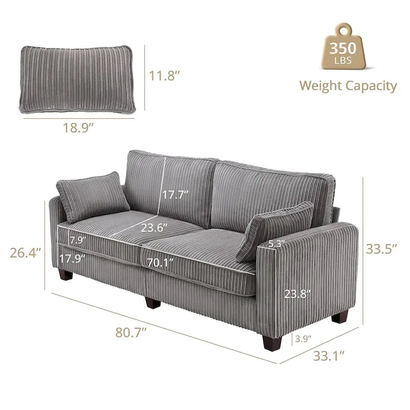 81 Modern Corduroy 3 Seater Sofa, Polyester Rectangle Upholstered Sofa with Wood Base for Living Room