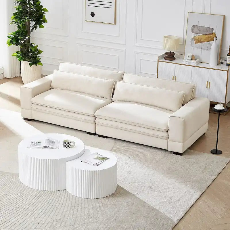 104 in Mid-Century Modern Fabric Sofa, Upholstered Sofa Couch with 2 Pillows, Solid Wood Legs