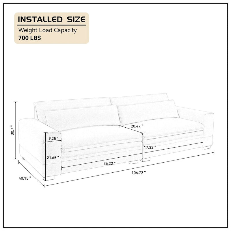 104 in Mid-Century Modern Fabric Sofa, Upholstered Sofa Couch with 2 Pillows, Solid Wood Legs