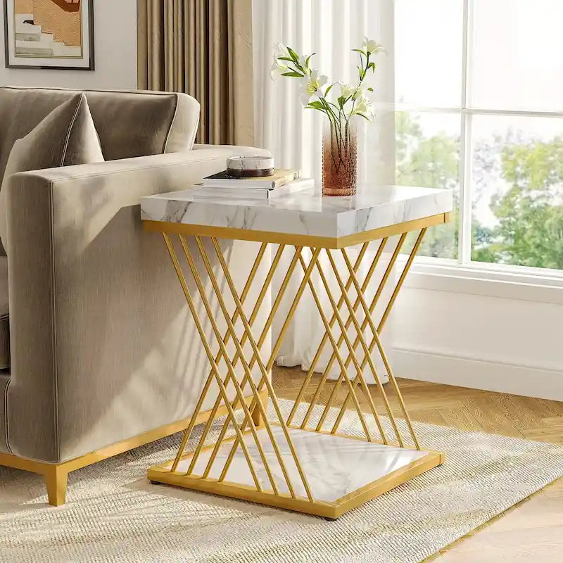 19.75 Inch Faux Marble Square End Table, Modern Bedside Tables, Gold Accent Table Living Room