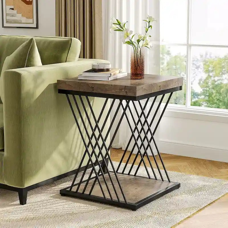 19.75 Inch Faux Marble Square End Table, Modern Bedside Tables, Gold Accent Table Living Room