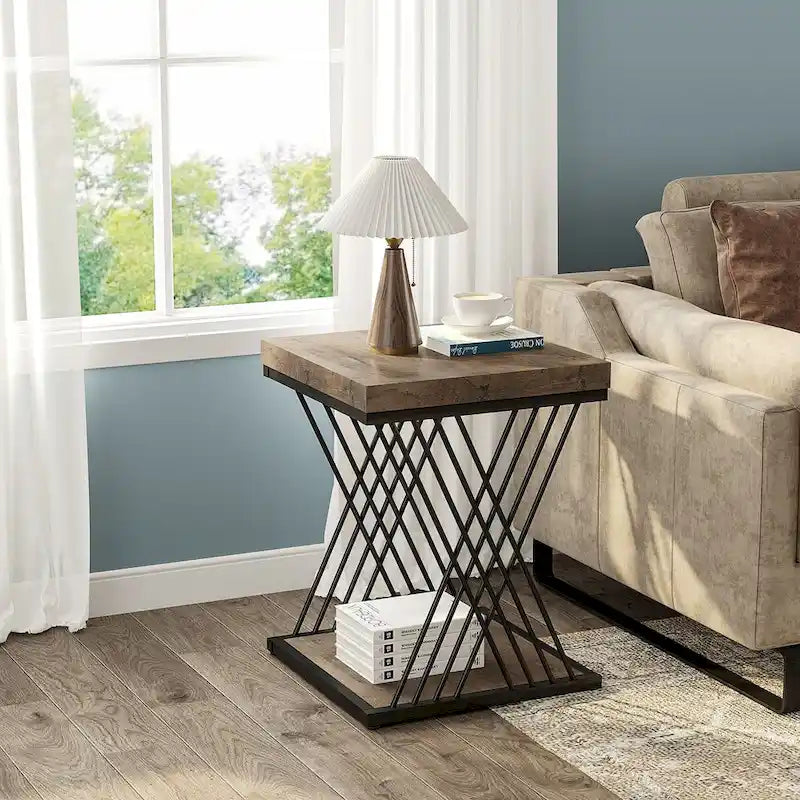 19.75 Inch Faux Marble Square End Table, Modern Bedside Tables, Gold Accent Table Living Room