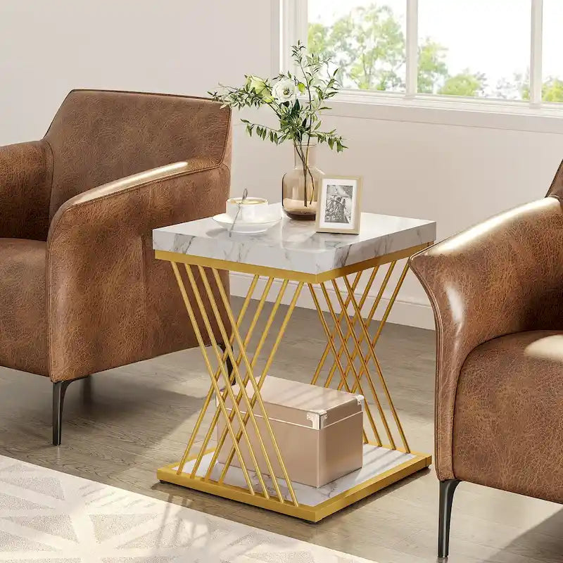 19.75 Inch Faux Marble Square End Table, Modern Bedside Tables, Gold Accent Table Living Room