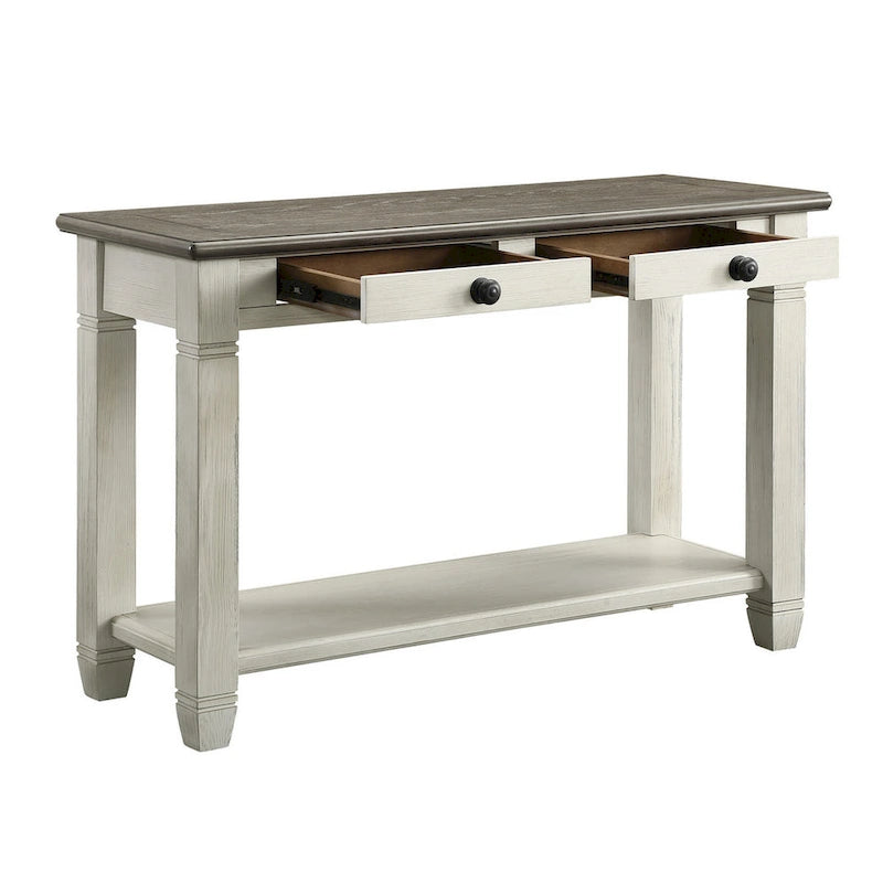 48 Inch Sofa Table, Rectangular, 2 Drawers, White, Brown, Solid Wood