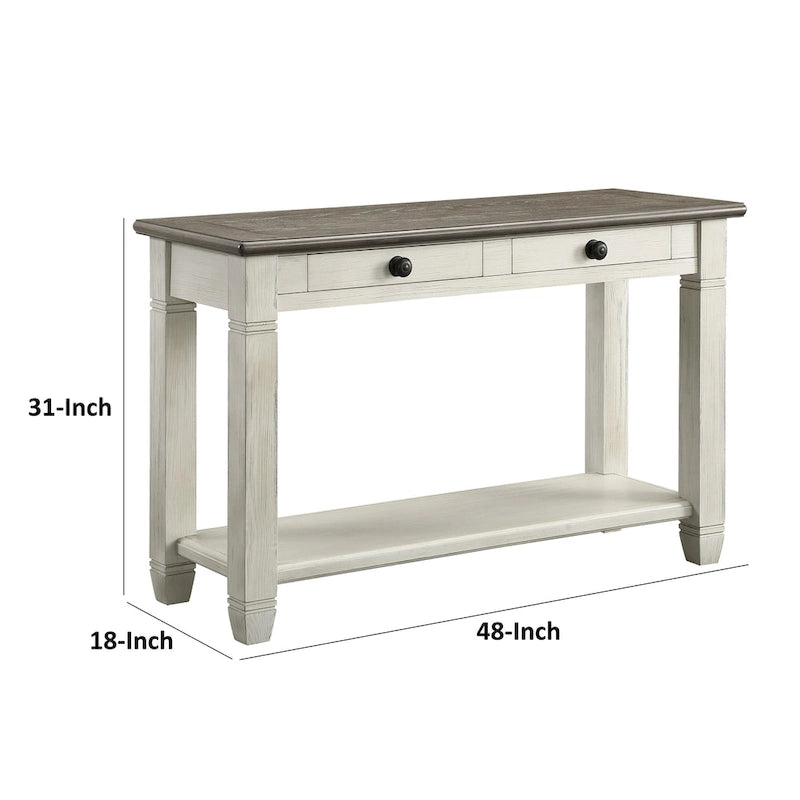 48 Inch Sofa Table, Rectangular, 2 Drawers, White, Brown, Solid Wood