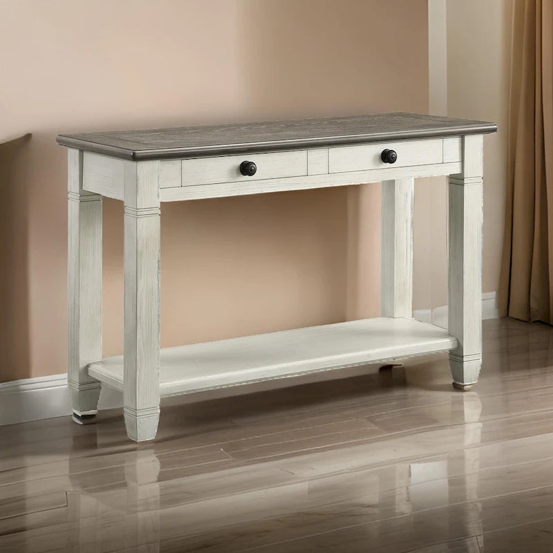 48 Inch Sofa Table, Rectangular, 2 Drawers, White, Brown, Solid Wood