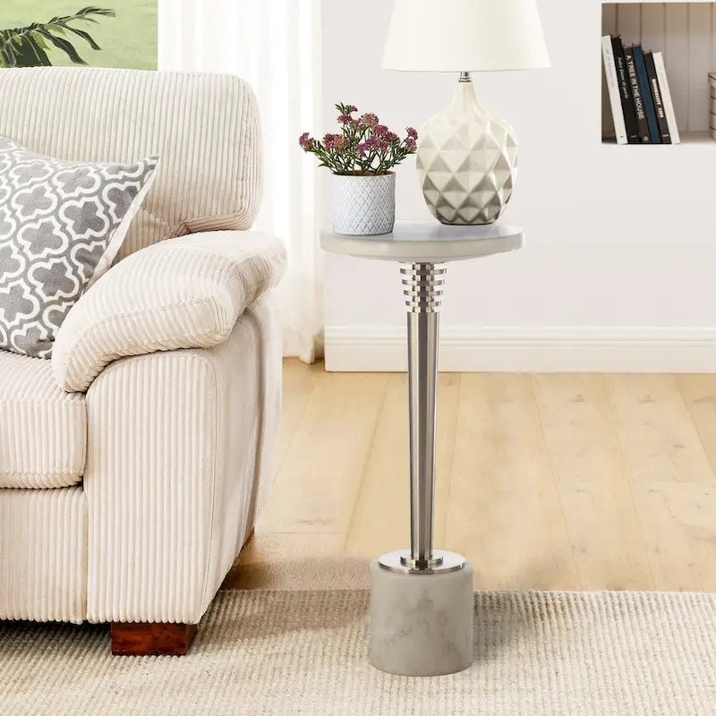 Contemporary Marble Pedestal Drink Table Round Accent Table