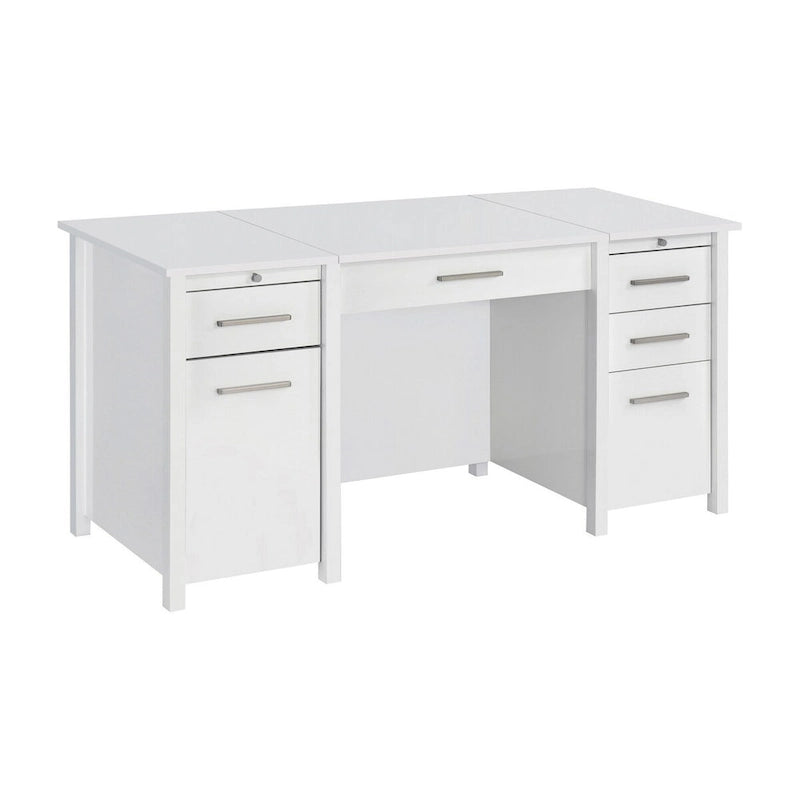 Wim 60 Inch Lift Top Office Desk, 4 Drawers, 2 Pull Out Trays, Glossy White