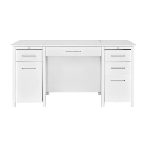 60 Inch Lift Top Office Desk, 4 Drawers, 2 Pull Out Trays, Glossy White
