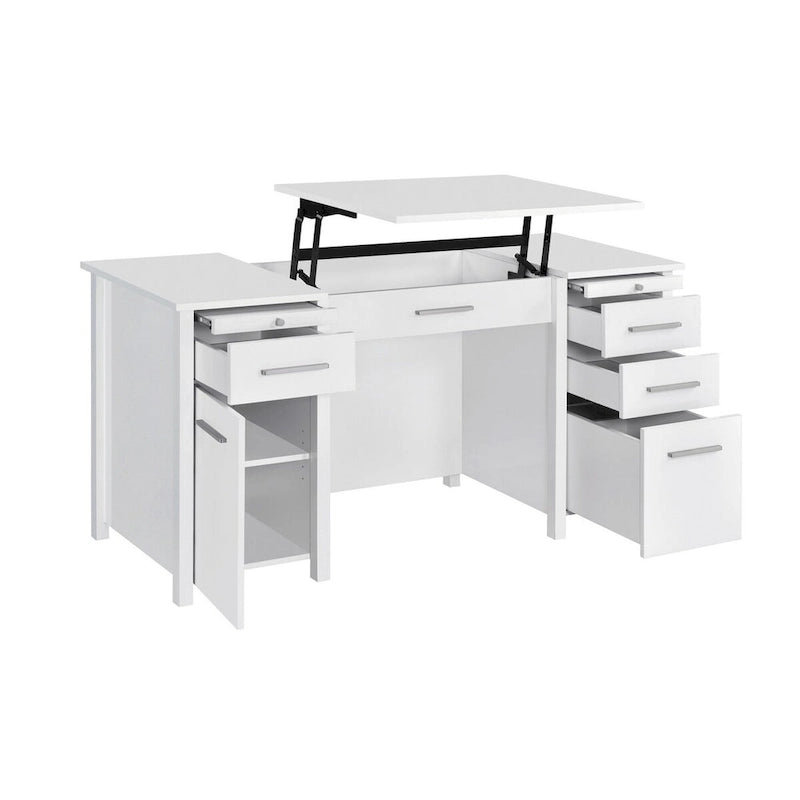 60 Inch Lift Top Office Desk, 4 Drawers, 2 Pull Out Trays, Glossy White