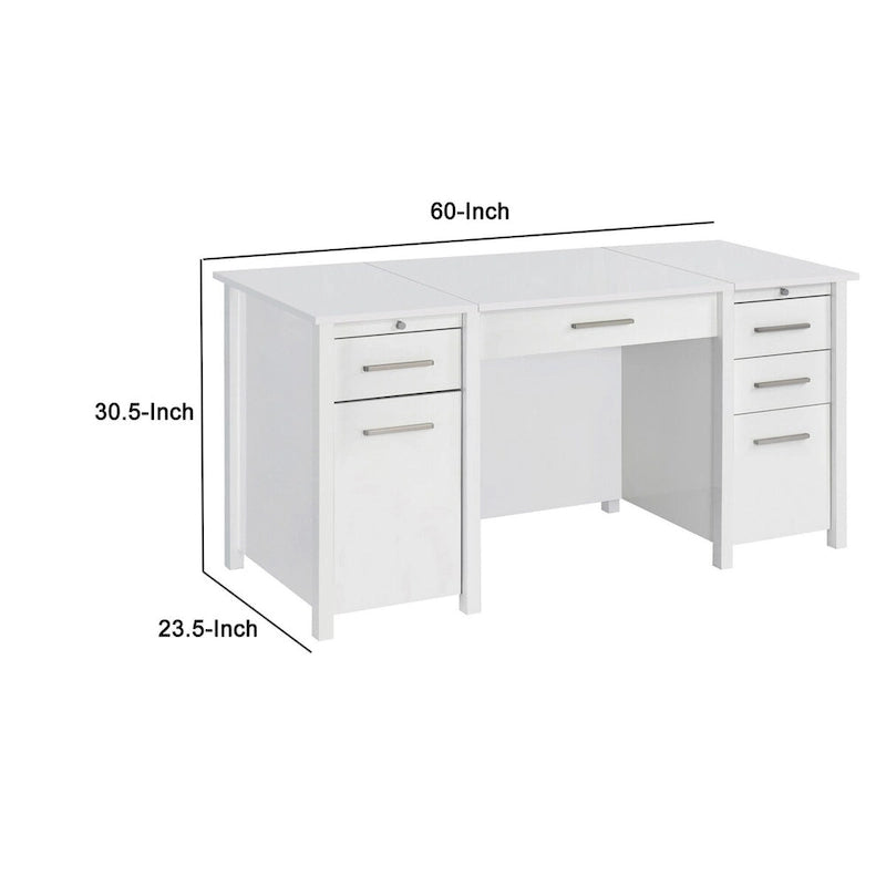 60 Inch Lift Top Office Desk, 4 Drawers, 2 Pull Out Trays, Glossy White