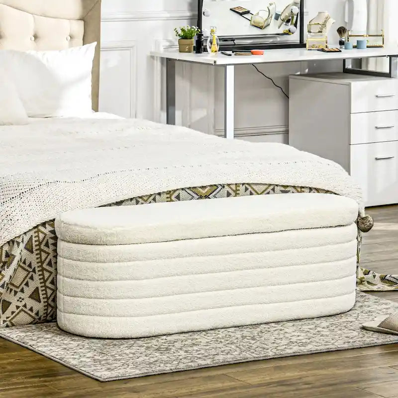 46 Storage Ottoman Bench, Teddy Fleece Upholstered Boucle Storage Bench with Wood Frame, Bedroom Bench for Living Room