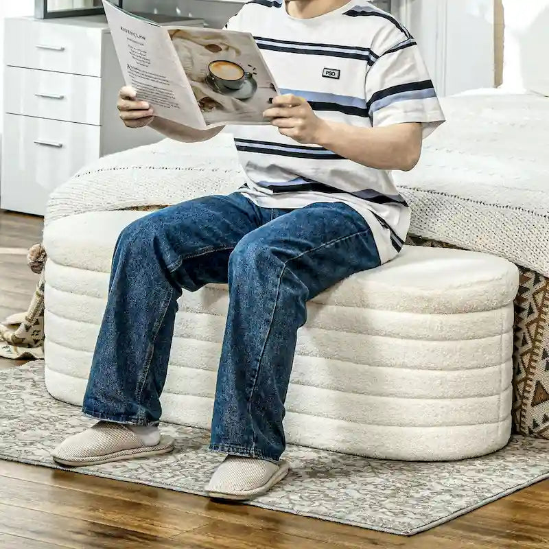 46 Storage Ottoman Bench, Teddy Fleece Upholstered Boucle Storage Bench with Wood Frame, Bedroom Bench for Living Room